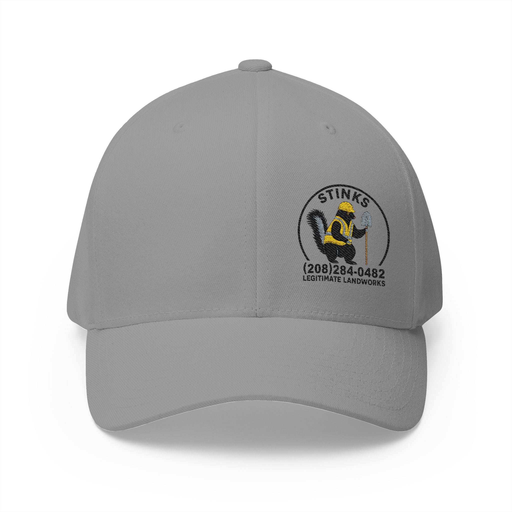 Embroidered 'Stinks' Skunk Logo Cap — White Structured Baseball Hat