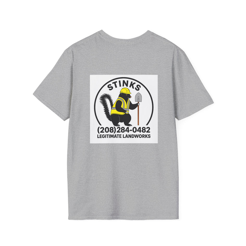 Funny Stinks Landscaping T-Shirt — "STINKS" Skunk Logo with Phone Number