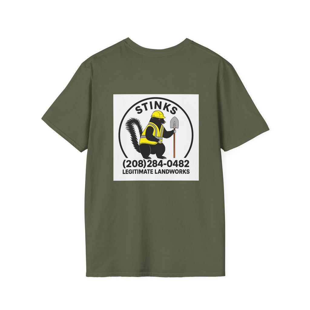 Funny Stinks Landscaping T-Shirt — "STINKS" Skunk Logo with Phone Number