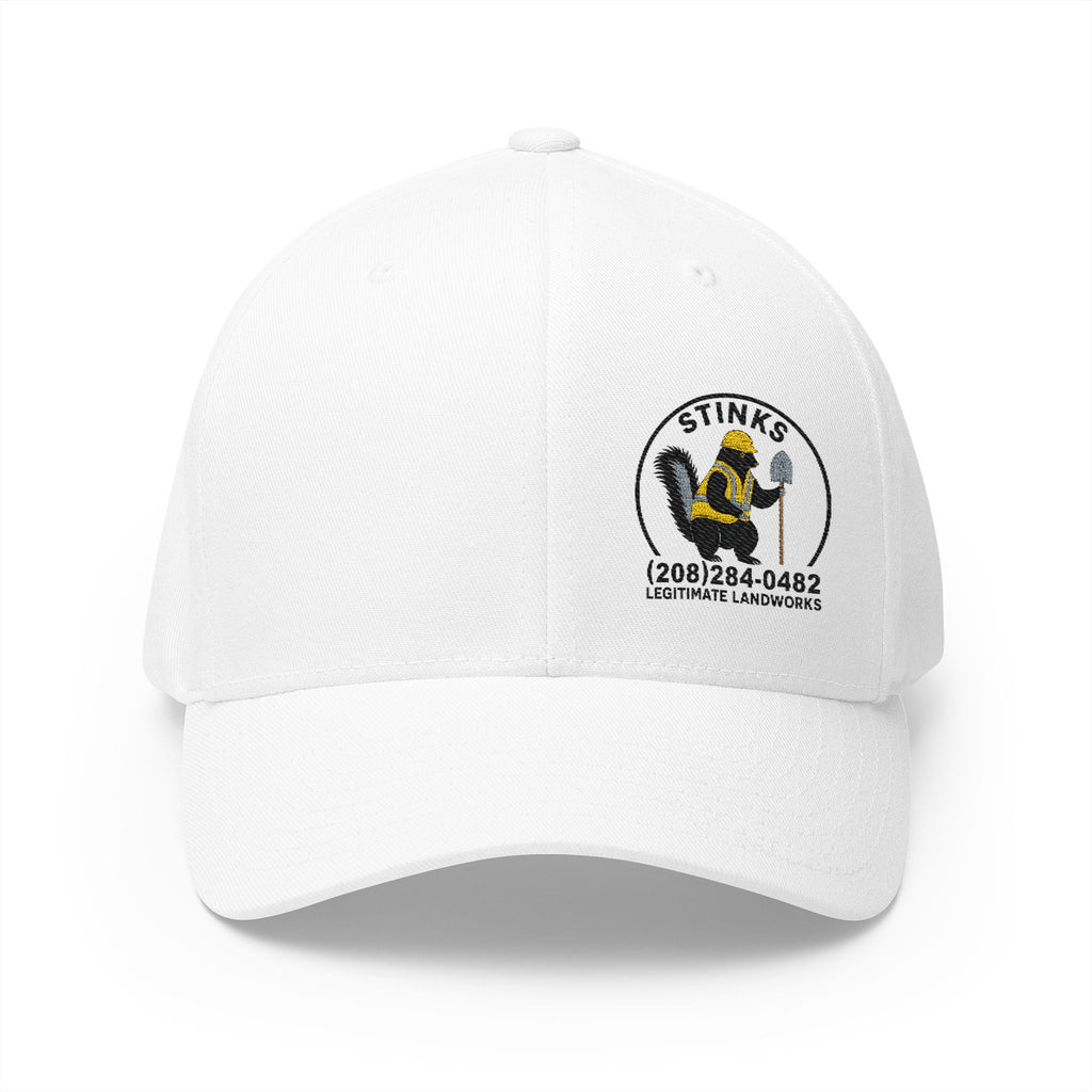 Embroidered 'Stinks' Skunk Logo Cap — White Structured Baseball Hat