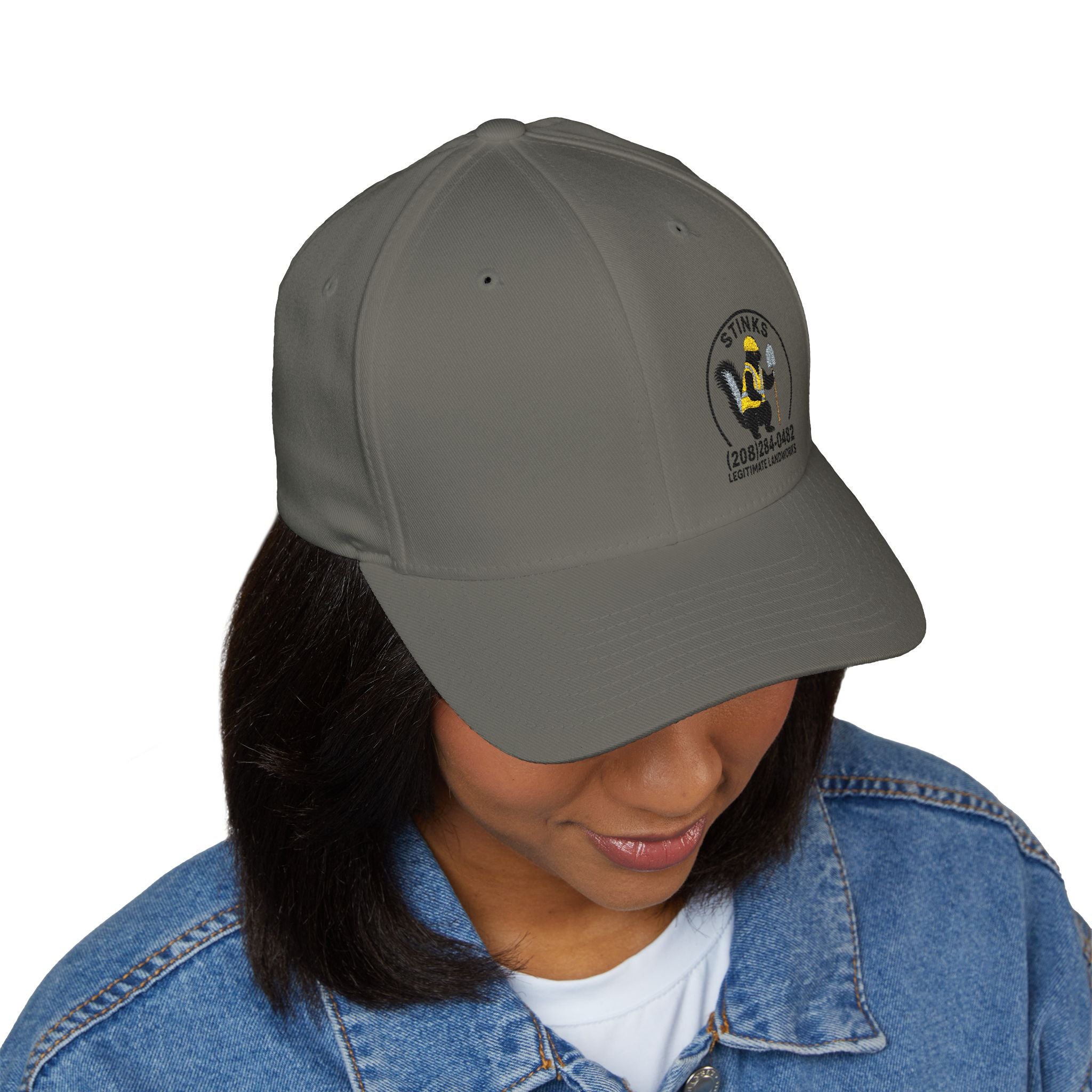 Embroidered 'Stinks' Skunk Logo Cap — White Structured Baseball Hat