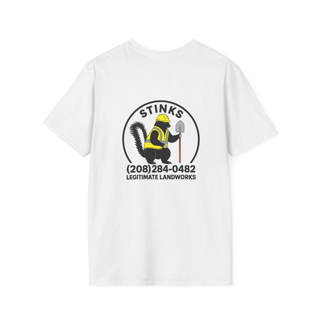 Funny Stinks Landscaping T-Shirt — "STINKS" Skunk Logo with Phone Number