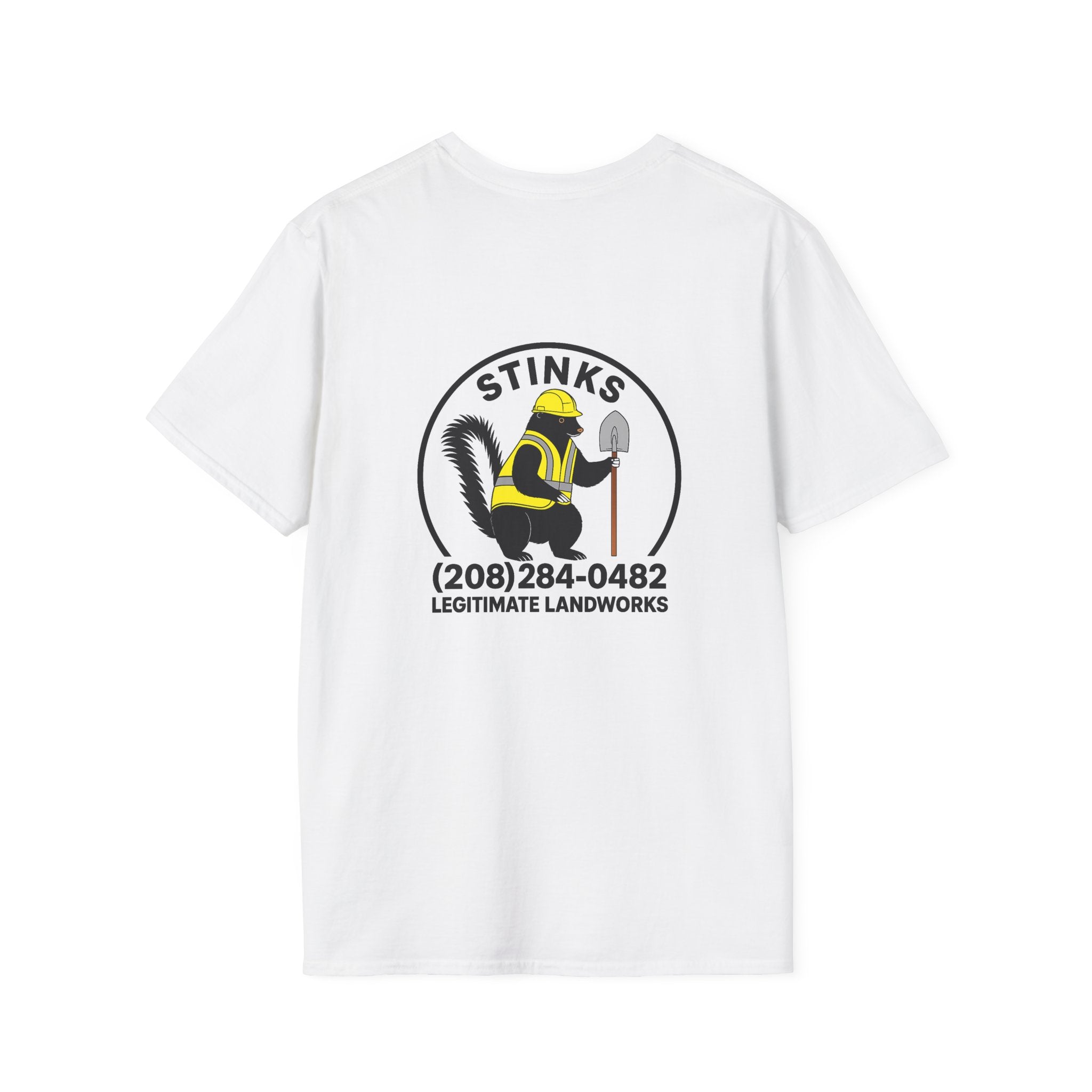 Funny Stinks Landscaping T-Shirt — "STINKS" Skunk Logo with Phone Number
