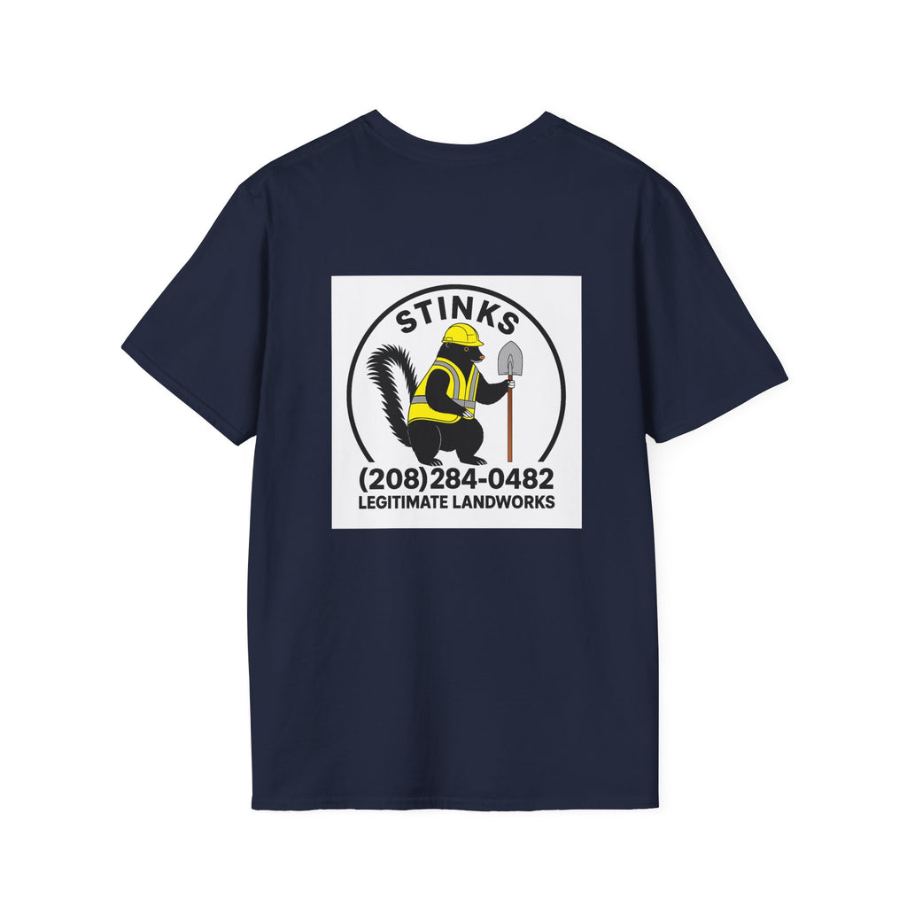 Funny Stinks Landscaping T-Shirt — "STINKS" Skunk Logo with Phone Number