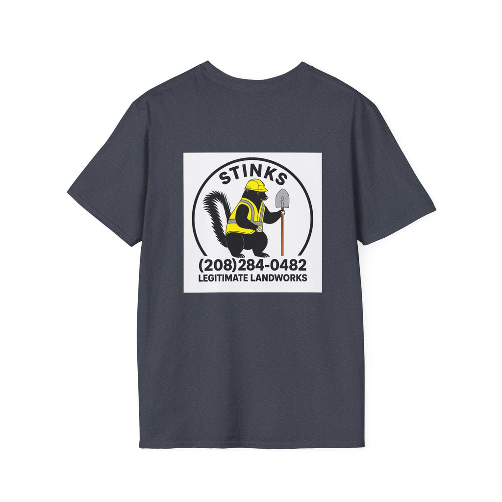 Funny Stinks Landscaping T-Shirt — "STINKS" Skunk Logo with Phone Number
