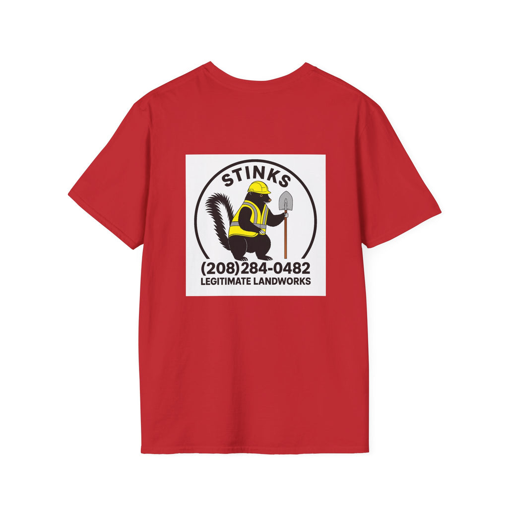 Funny Stinks Landscaping T-Shirt — "STINKS" Skunk Logo with Phone Number