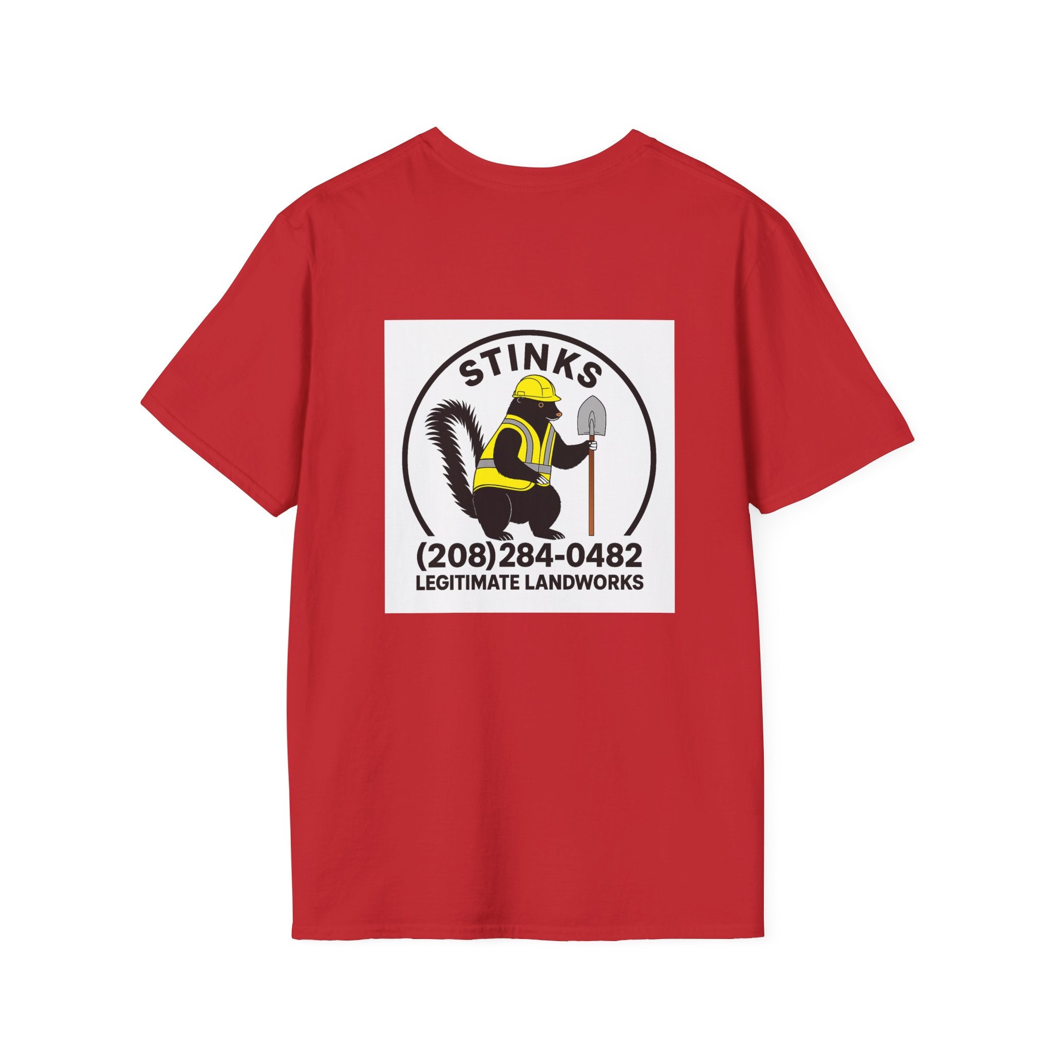 Funny Stinks Landscaping T-Shirt — "STINKS" Skunk Logo with Phone Number