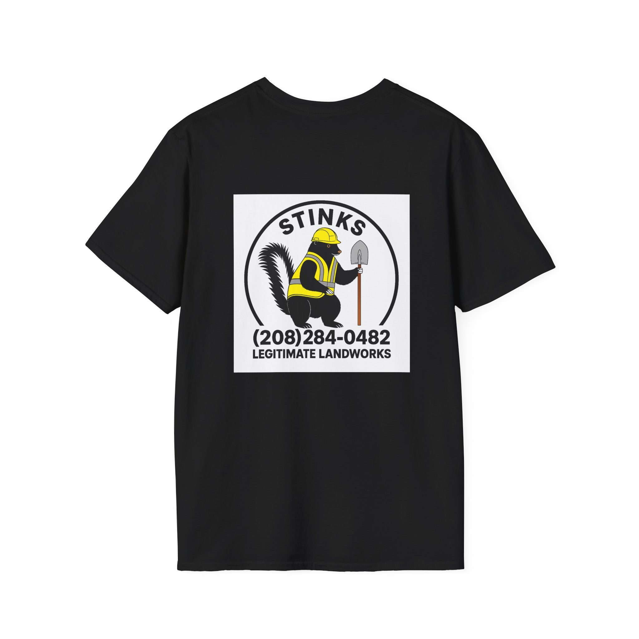 Funny Stinks Landscaping T-Shirt — "STINKS" Skunk Logo with Phone Number
