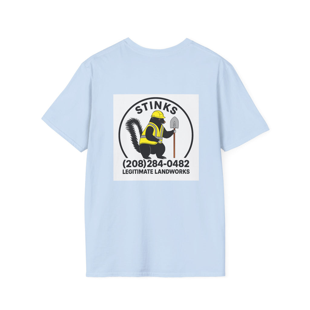 Funny Stinks Landscaping T-Shirt — "STINKS" Skunk Logo with Phone Number