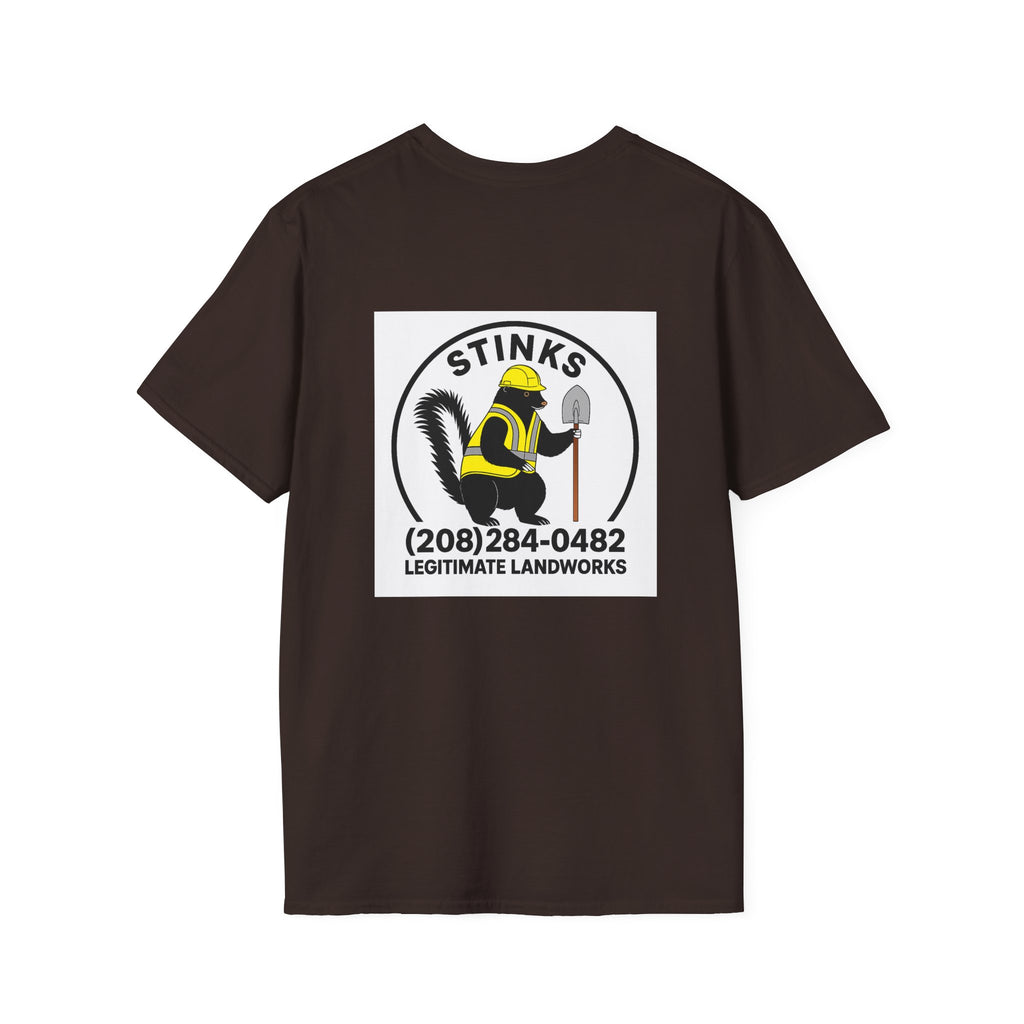 Funny Stinks Landscaping T-Shirt — "STINKS" Skunk Logo with Phone Number