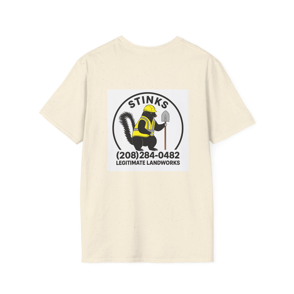 Funny Stinks Landscaping T-Shirt — "STINKS" Skunk Logo with Phone Number