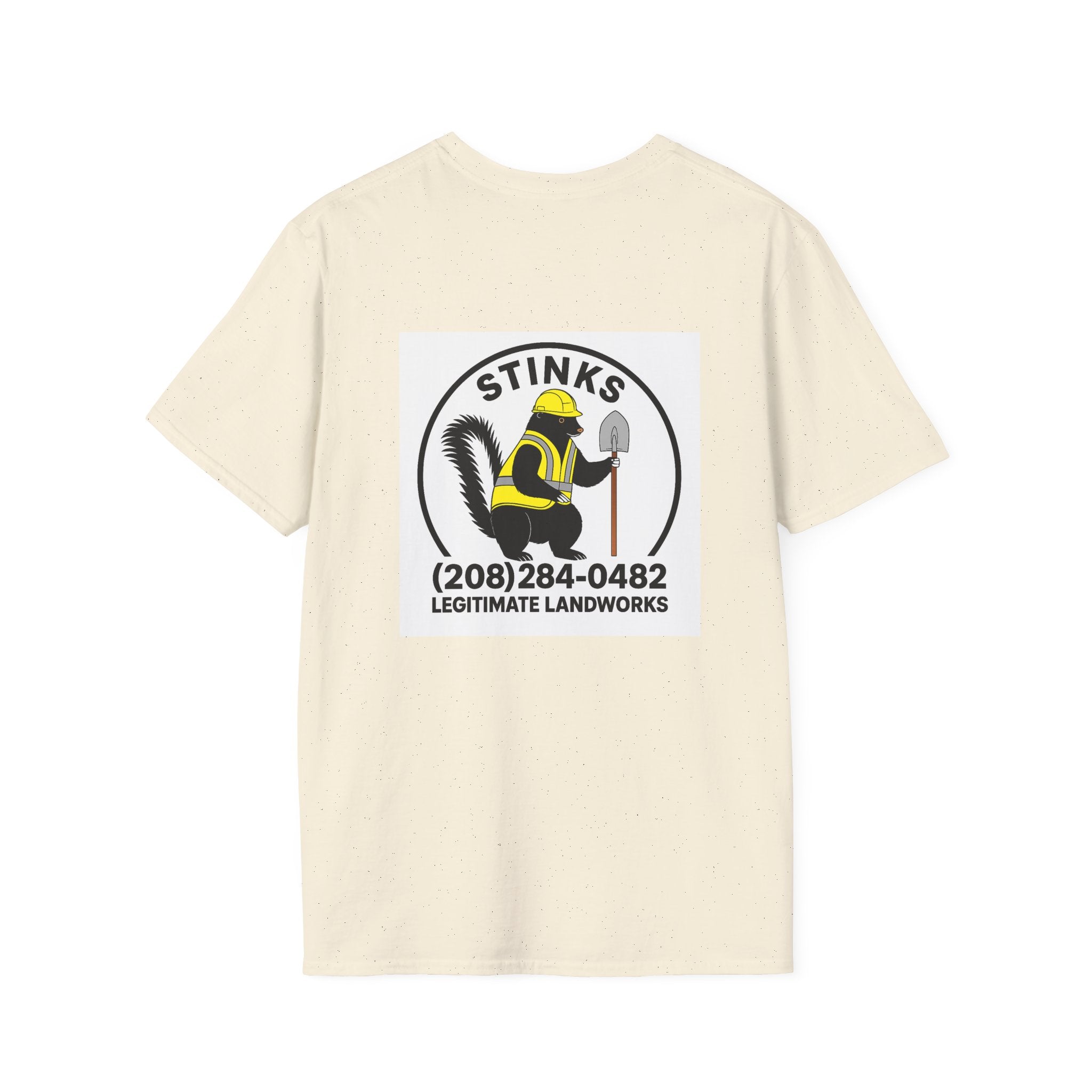 Funny Stinks Landscaping T-Shirt — "STINKS" Skunk Logo with Phone Number