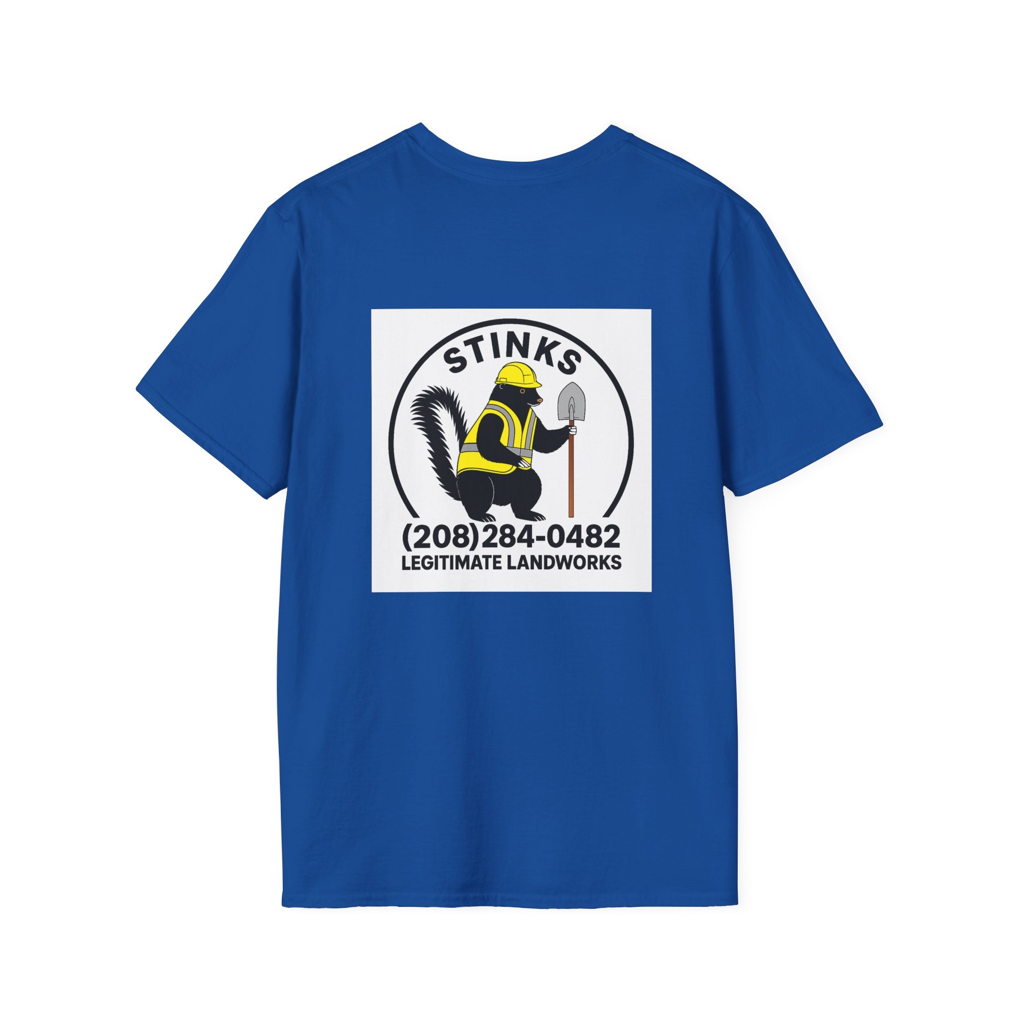 Funny Stinks Landscaping T-Shirt — "STINKS" Skunk Logo with Phone Number