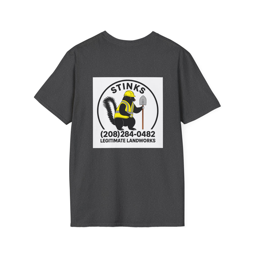 Funny Stinks Landscaping T-Shirt — "STINKS" Skunk Logo with Phone Number