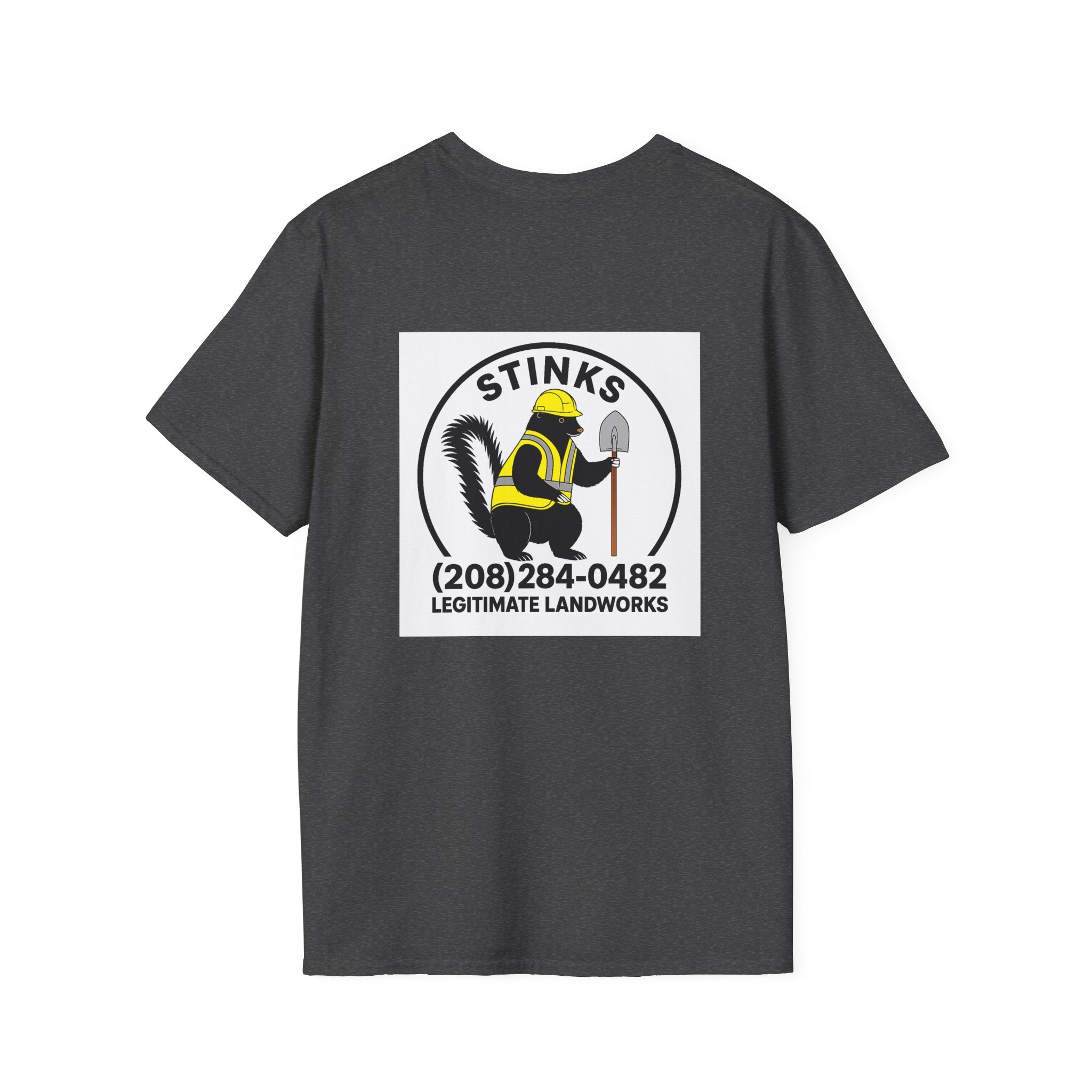 Funny Stinks Landscaping T-Shirt — "STINKS" Skunk Logo with Phone Number