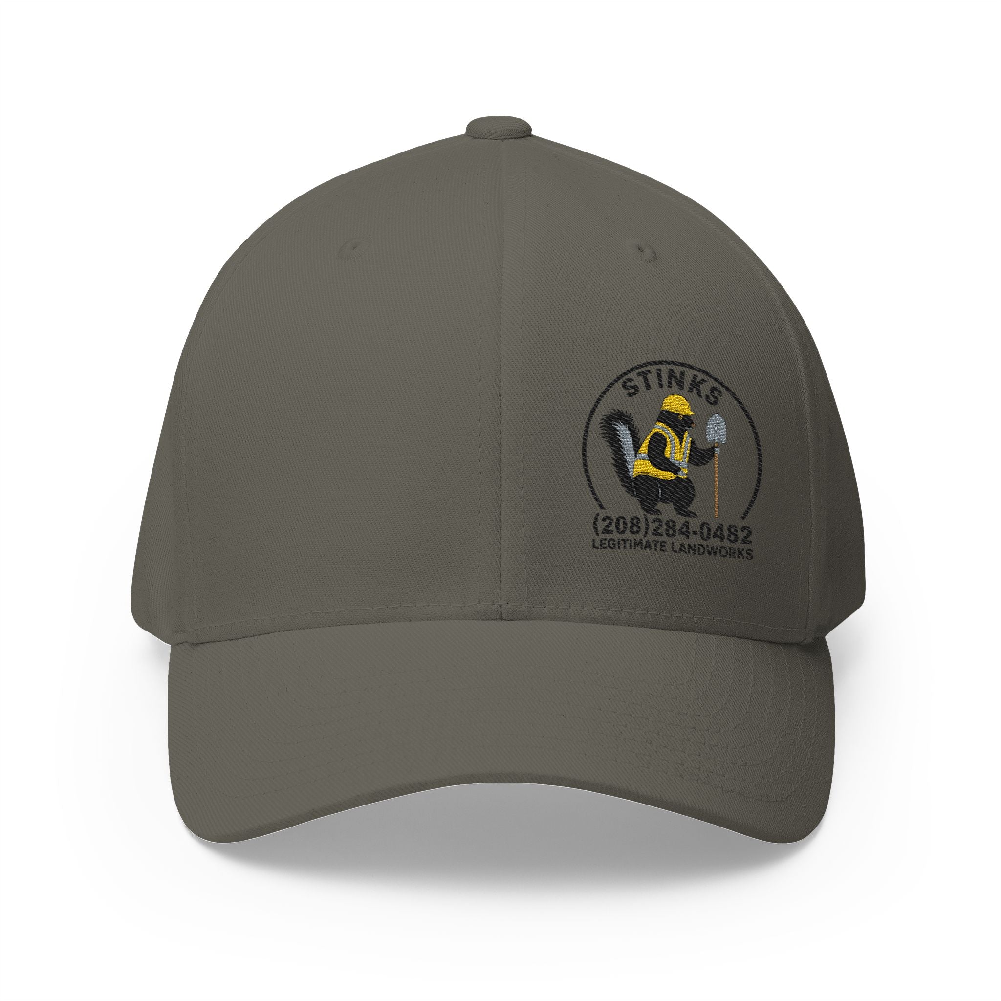 Embroidered 'Stinks' Skunk Logo Cap — White Structured Baseball Hat