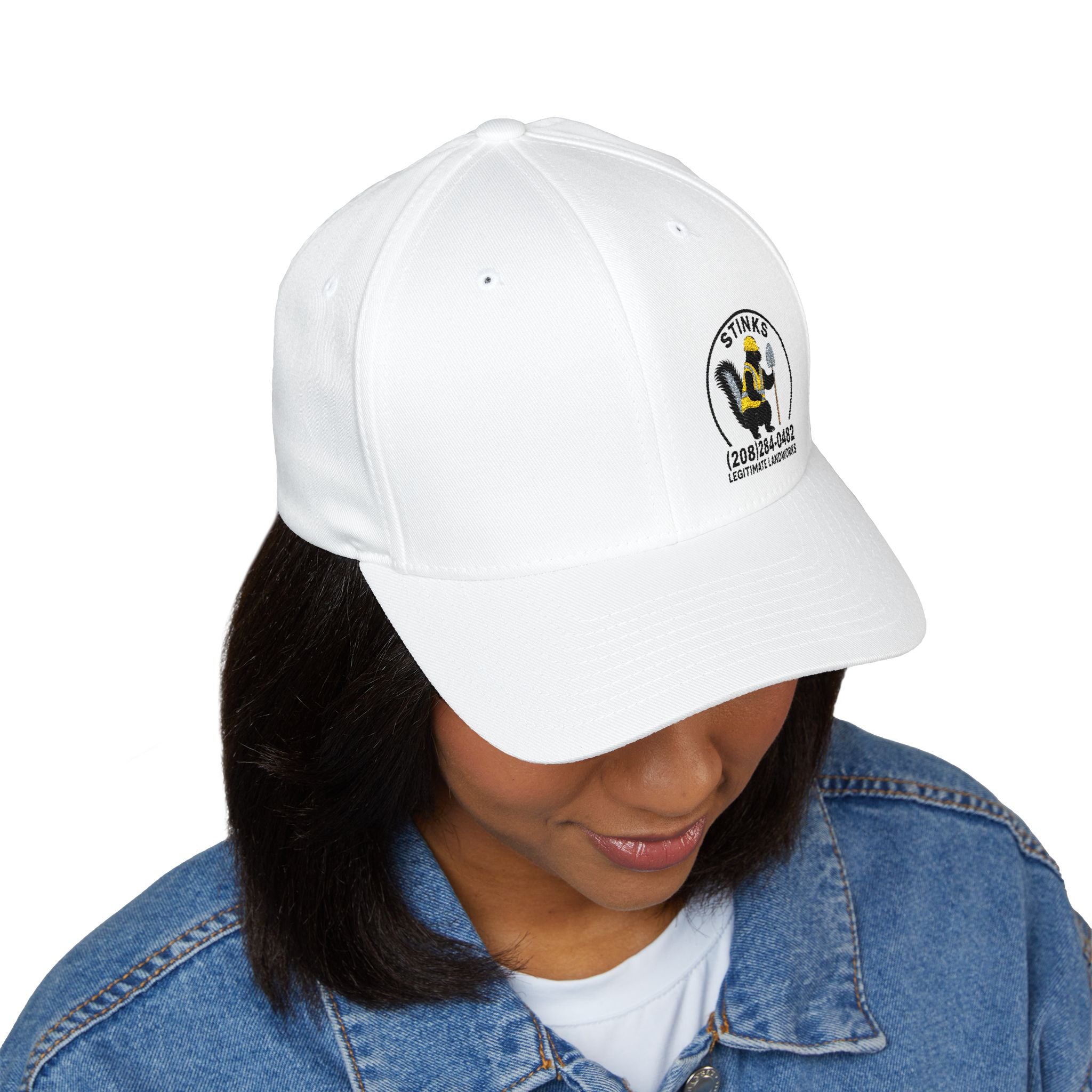 Embroidered 'Stinks' Skunk Logo Cap — White Structured Baseball Hat
